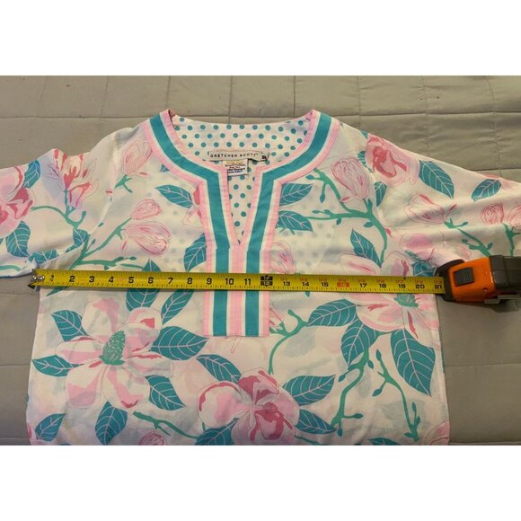 Gretchen Scott Women’s SZ M Tunic Top Pink Green Floral V Neck 3/4 Sleeve Cotton - Picture 3 of 12